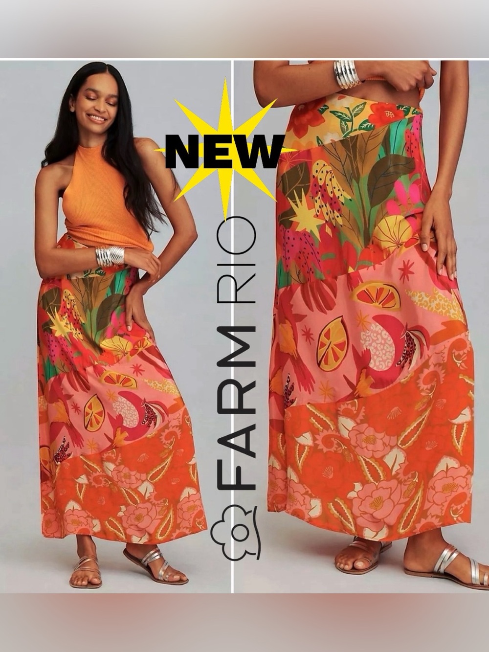 FARM Rio Orange & Pink Tropical Print Maxi Skirt